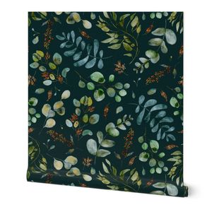 Watercolor XL eucalyptus forest leaves with jeanes texture on dark blue