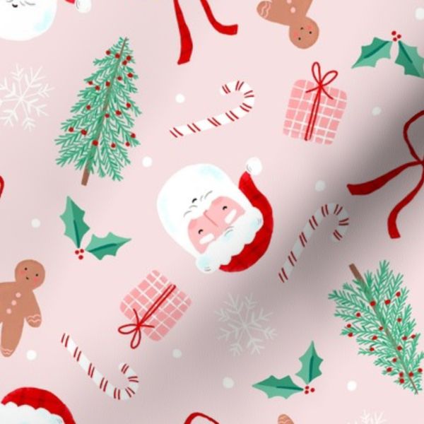 Whimsical Santa and Gingerbread men on pink