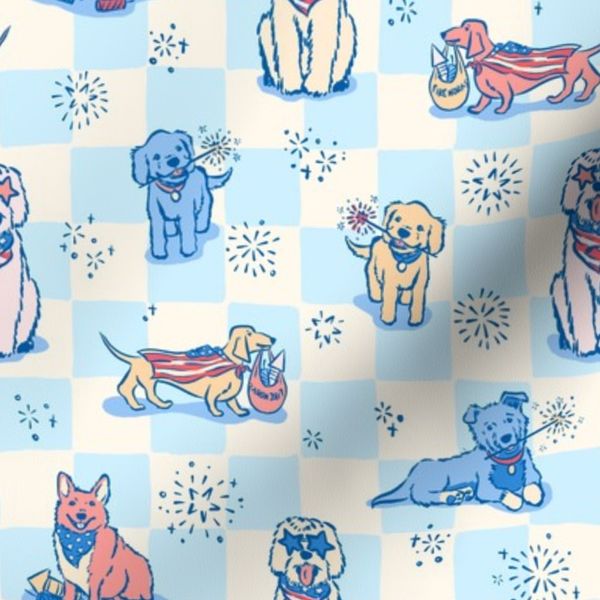 Patriotic Pups on pastel blue and cream Checks