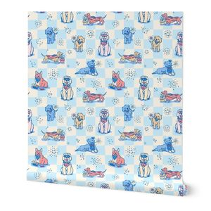 Patriotic Pups on pastel blue and cream Checks
