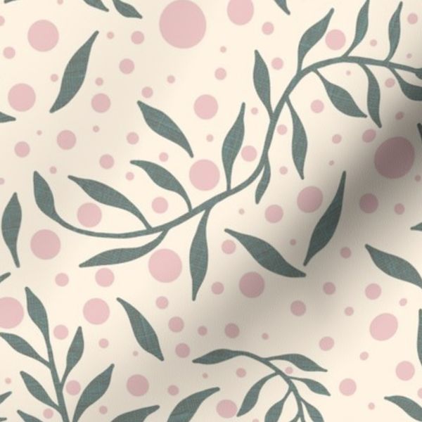 Scattered Non-Directional Leaves and Dots Green Pink Cream