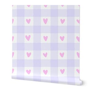 Lilac gingham and pink hearts on white background