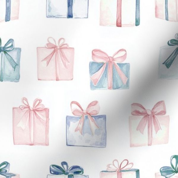 Watercolor Presents -Blue Pink Bows - Grandmillennial Christmas Birthday