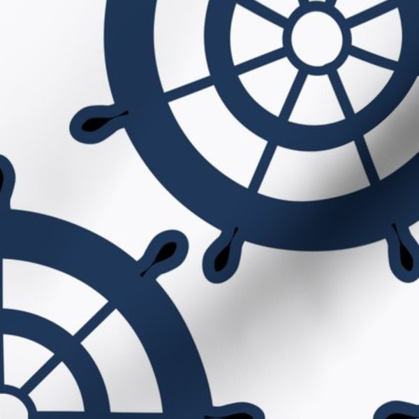 Coastal Nautical Ship Wheel Pattern - Marine Blue with white background