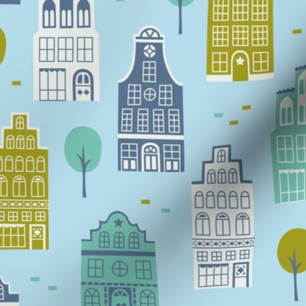 (M) Old city center with historic houses blue