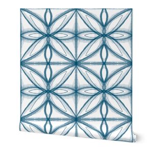 12 inch Hand drawn symmetric geometric faux tile - Blue on white background