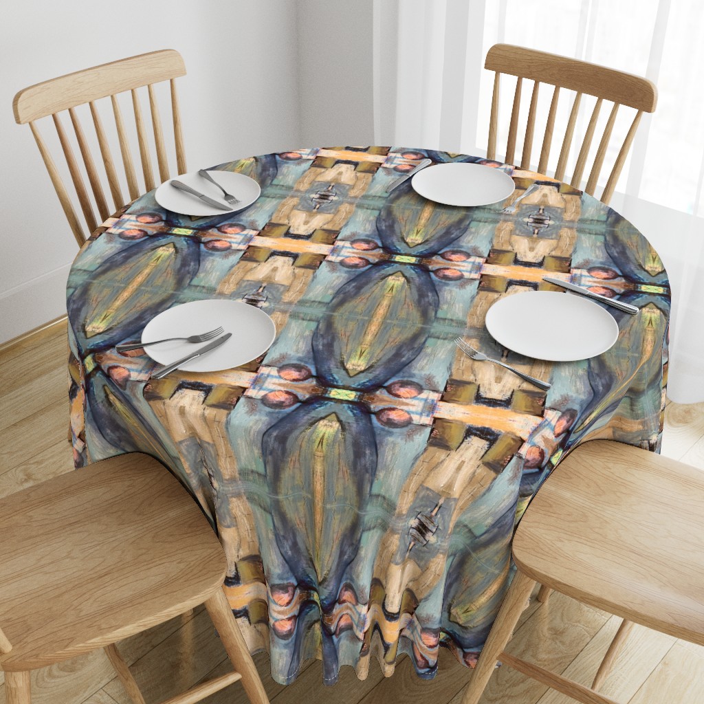 Top down angeled view of a wooden table with a 90 inch Round Tablecloth and four place settings arranged on top
