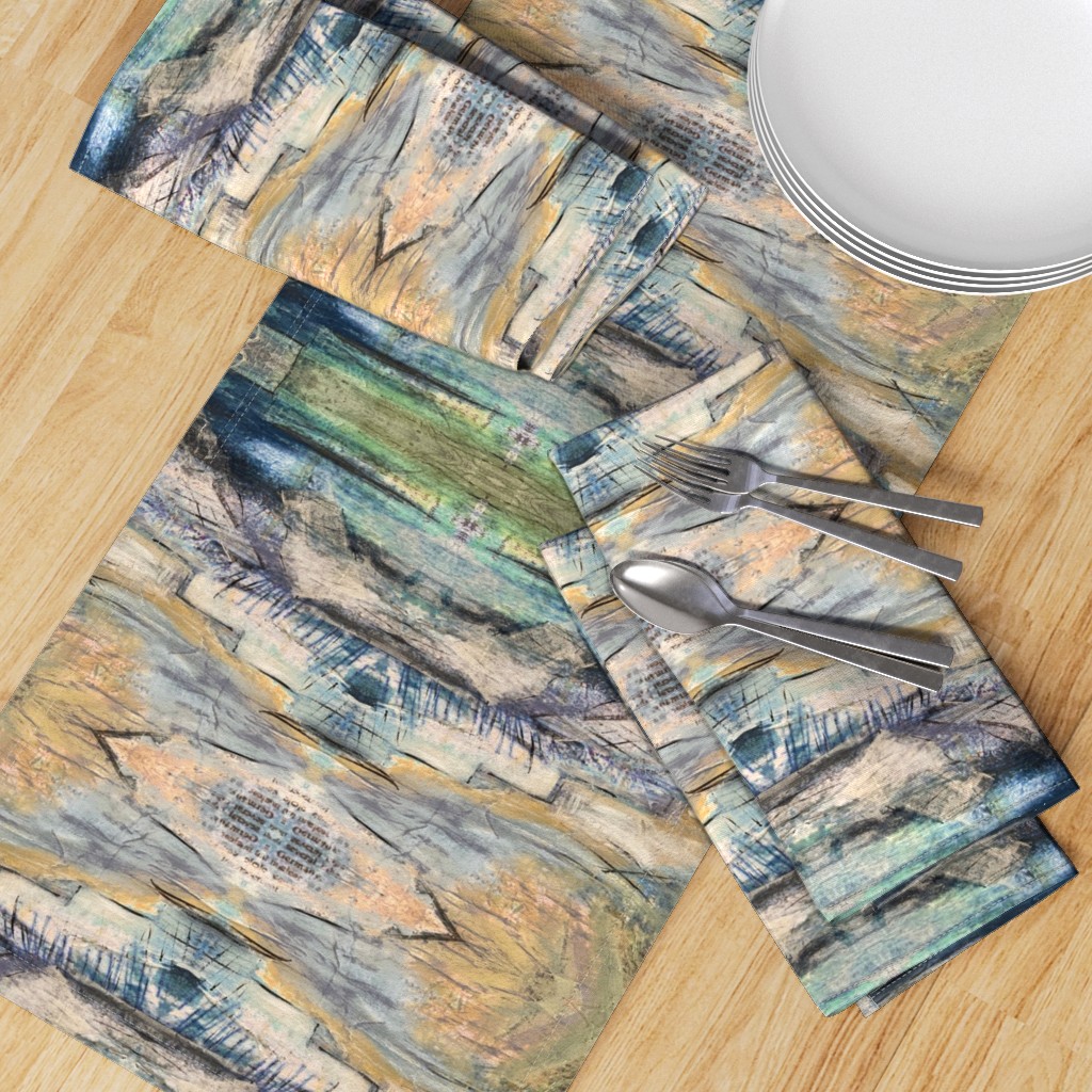 Top down table with a Table Runner placed diagonally with a set of Dinner Napkins, plates and silverware on top