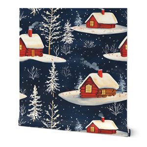 Winter Log Cabins on Blue - large