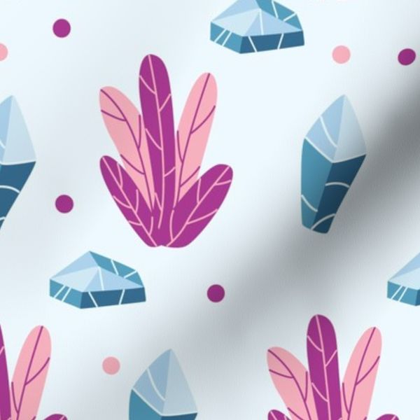 Blue crystal gemstones and purple plants