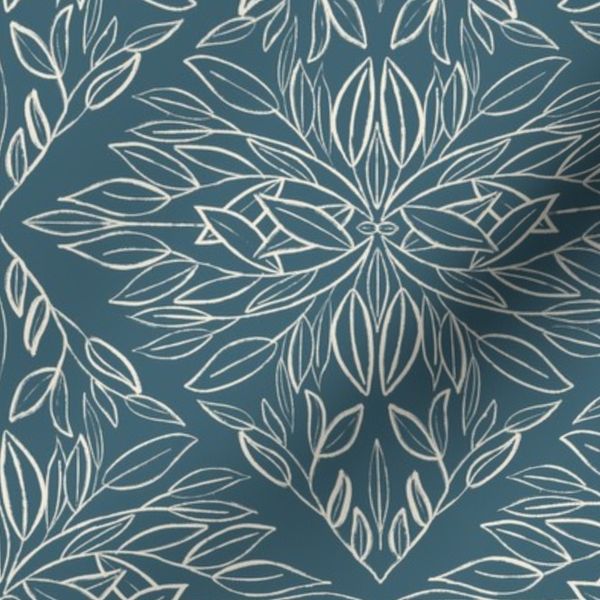 Moody deep dark teal blue green and cream botanical damask classic