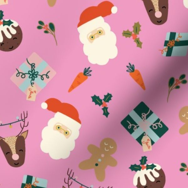 Tossed Santa Reindeer Gingerbread Christmas in Pink for Kids Room