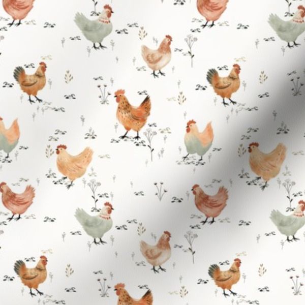 Watercolor Hen On White Small - hand drawn farmhouse chicken - bohemian