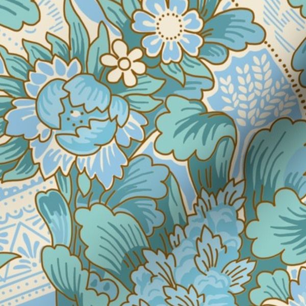 1880s Romanesque Floral With Lace In Baby Blue Turquoise And Teal On Cream