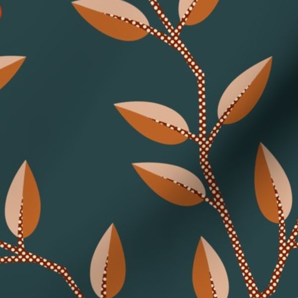 Large Pop Art Chinoiserie - Retro Vintage - Dark Teal Orange and Red - 12"