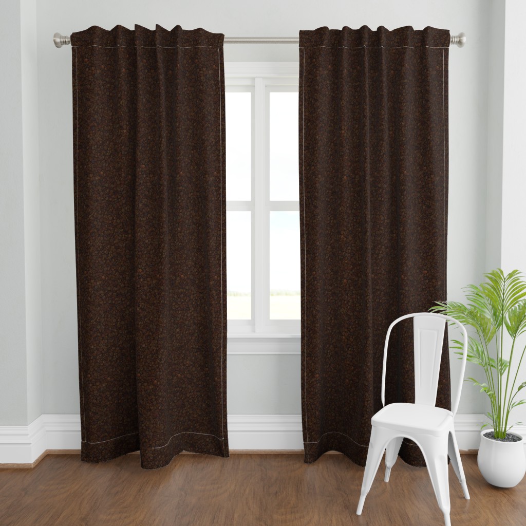 A wide shot with a two Curtain panels hanging from a curtain rod in front of an open window. A plant and a chair are in front and to the right of the right panel.