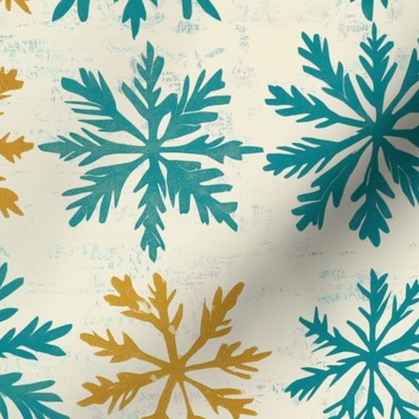 Block Print Winter - Rustic Snowflakes in Turquoise and Gold