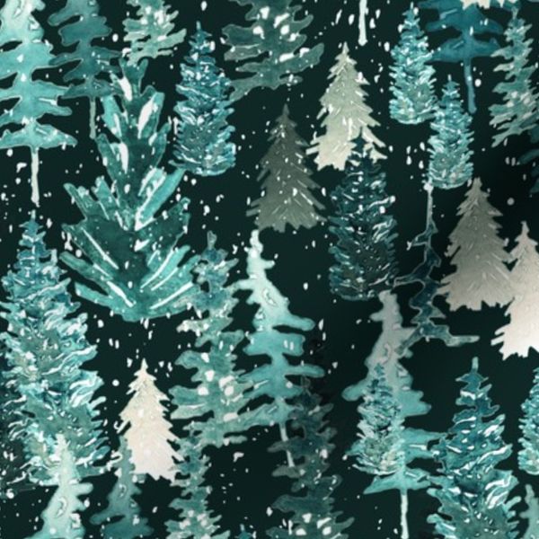 Large Teal Green Evergreen Christmas Trees Blue Forest Snow Fabric