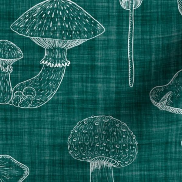 Fungi Feast - White outlined mushrooms on Dark Turquoise - L - Linen look