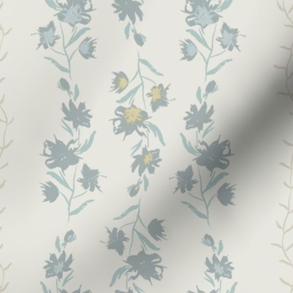 faded solid floral stripes in cream and greyish blue