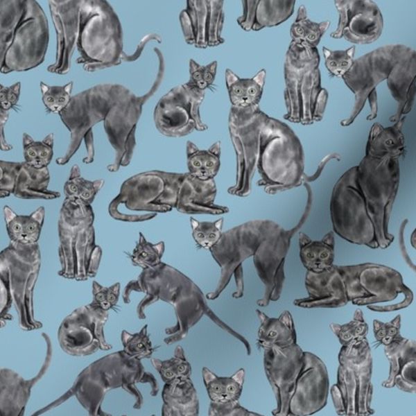 Russian Blue Cats (S) Realistic Illustration Pattern Pastel Blue