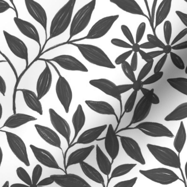 Charcoal black leafy floral tree branches on white background