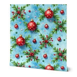Christmas pattern with holy ivy and ornaments on blue background