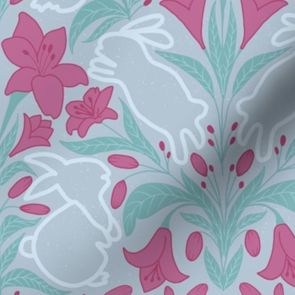 Blue Bunnies or rabbits around whimsical pink florals for Easter