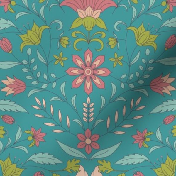 Flowers Stylised Indian Floral Style Symmetrical Turquoise 12"