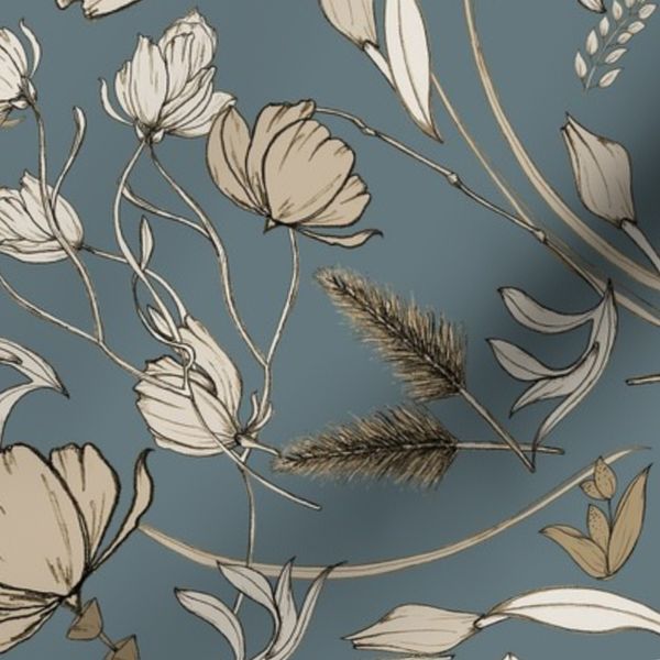 Wild Flower And Grass Pattern Scattered 12 In On Steel Blue