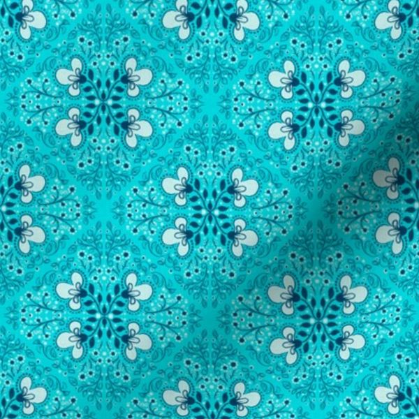 Folk inspired vintage floral symmetrical block print turquoise&blue-Small