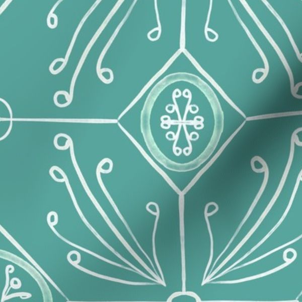 Large- Hand Painted Teal and White Mediterranean Bohemian Tile