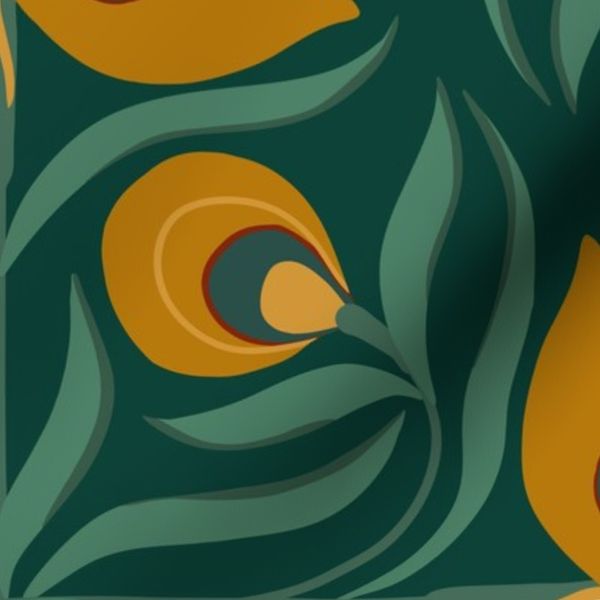 Geometric Peacock Flappie Pop Floral Tiles - Amber and Dark Green Large