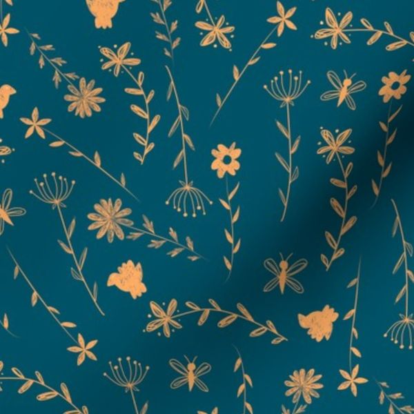 M Tossed Hand Drawn Flowers in Orange & Turquoise - Folk Art Floral Nature