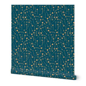 M Tossed Hand Drawn Flowers in Orange & Turquoise - Folk Art Floral Nature
