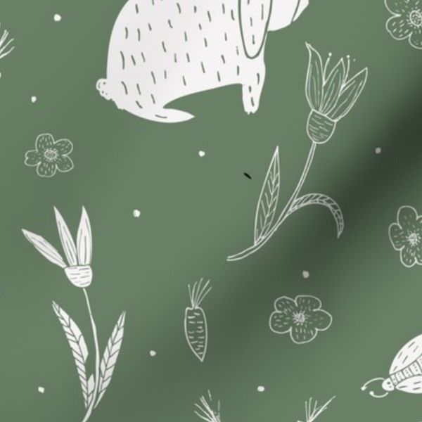 Spring Bunny Rabbits Easter Kids Block Print Folk Inspired Forest Green