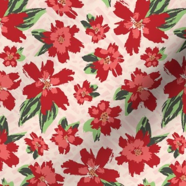 Bold Bright Red Flowers Tossed Pattern with Textured Background - M Scale