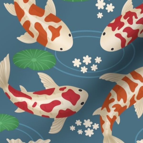 Koi Fish Pond on Cyan Blue