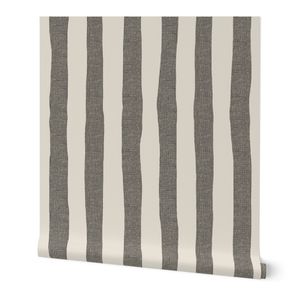 Charcoal brown and white vertical stripes with burlap woven linen texture