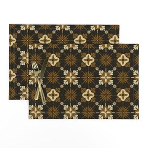 (M) Abstract Oriental Art Deco Geometric Floral Medallion Grid brown