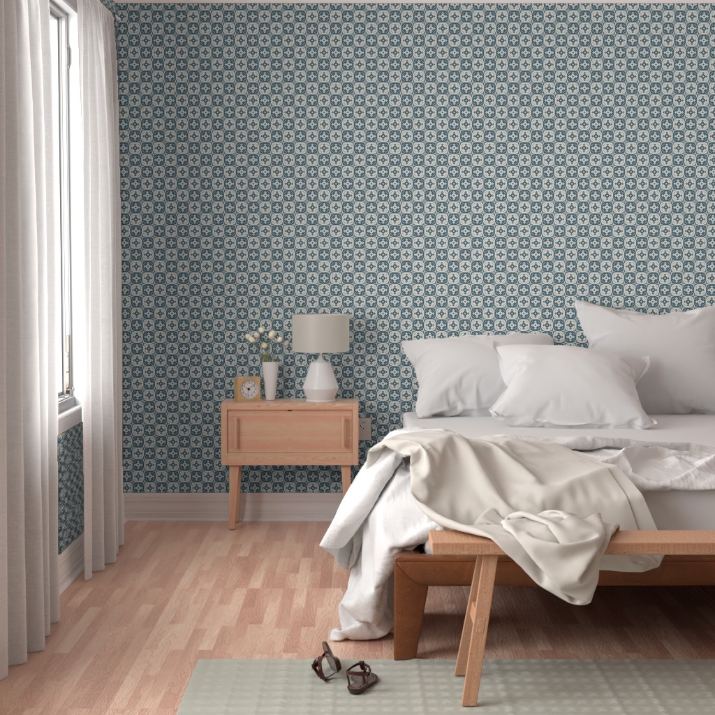 Bedroom with a bright window, bed and wood furniture with Peel and Stick wallpaper on the walls