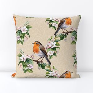 Robin Red Breast on White Floral Apple Tree Branch