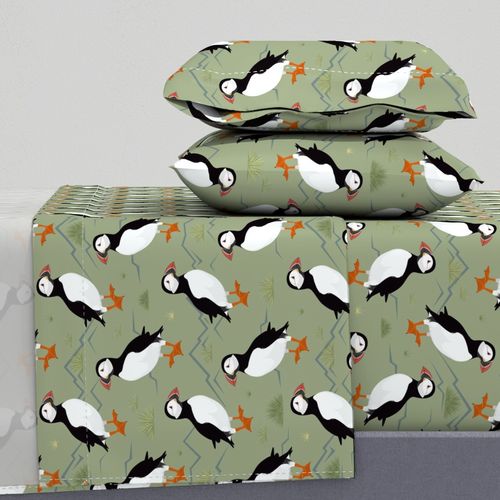 Puffins on soft green background // Medium Scale