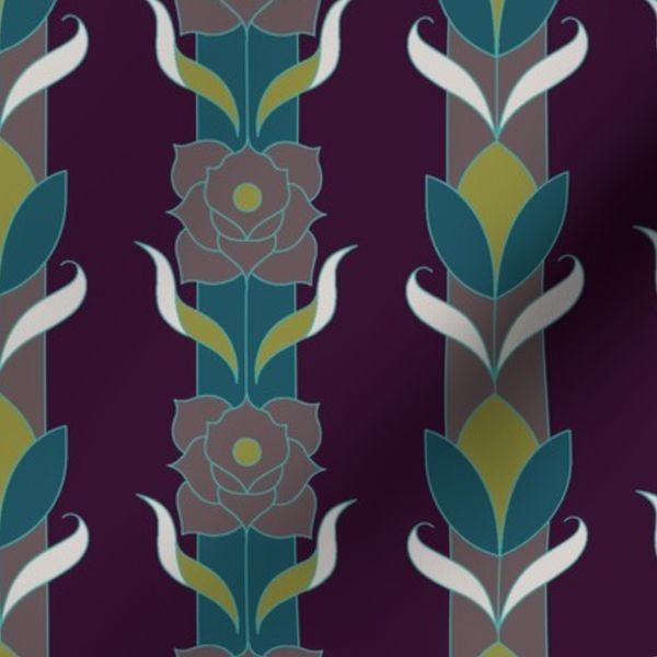 Floral Stripes Flowers Art Nouveau Style Stylised Turquoise & Burgundy 12"
