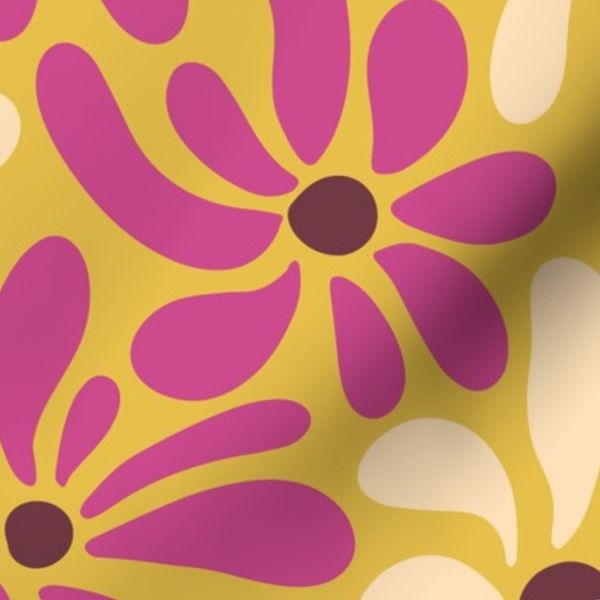 Hot-feminine-pink-white-yellow-daisy-flowers-on-warm happy retro yellow-XL