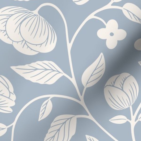 Victorian Inspired Block Print Chintz Floral- Light Blue and Cream