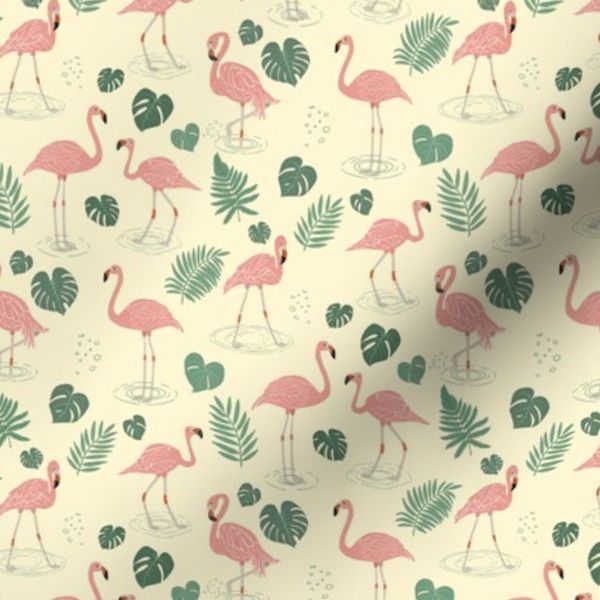 (S) Flamingos and Tropical Plants on Buttercream Yellow - Small Scale