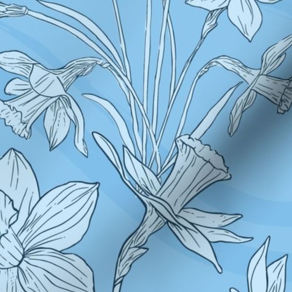 Vintage Daffodil Blooms on Baby Blue - Floral Pattern (Large)