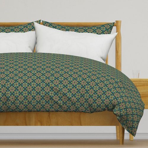 (S)Bauhaus Mid-Century Geometric Flowers - Brown Green Blue Dark Teal