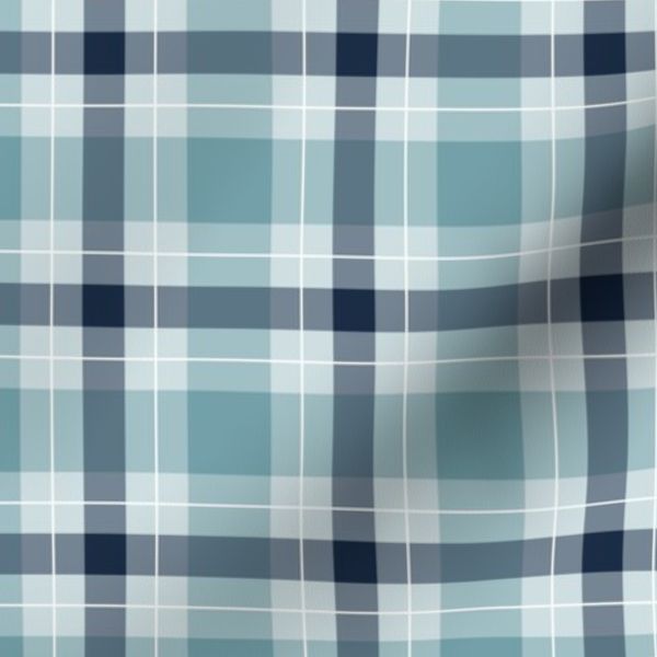 Simple Plaid Or Gingham Navy Blue and Soft Teals with white stripes